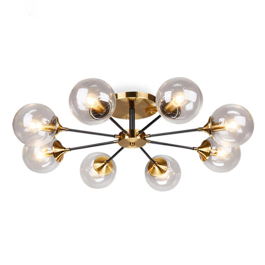 Postmodern Brass Finish Radial Ceiling Lamp With Glass Ball Shade