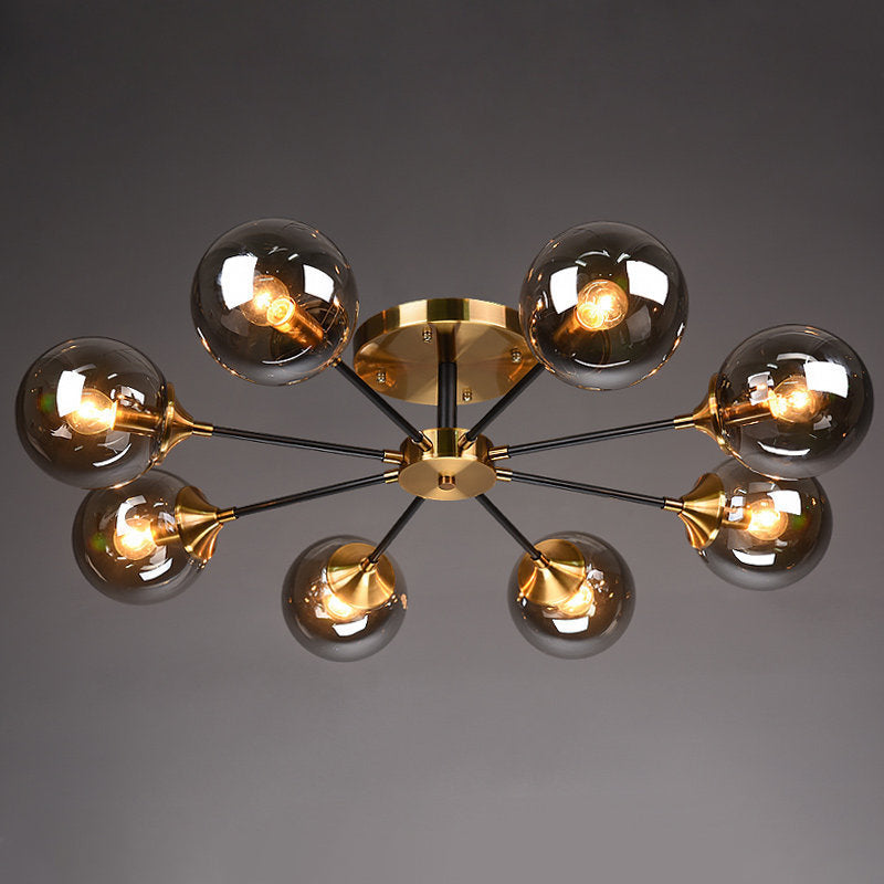 Postmodern Brass Finish Radial Ceiling Lamp With Glass Ball Shade