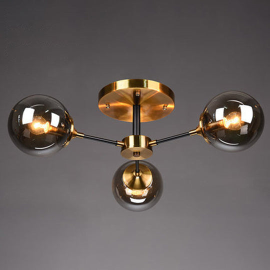 Postmodern Brass Finish Radial Ceiling Lamp With Glass Ball Shade 3 / Smoke Gray