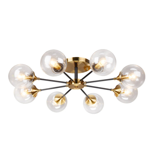 Postmodern Brass Flush Mount Light With Burst Design And Glass Ball For Living Room