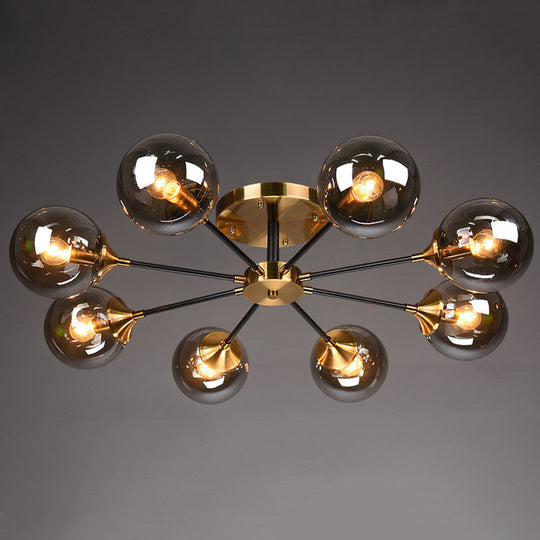 Postmodern Brass Flush Mount Light with Burst Design and Glass Ball for Living Room