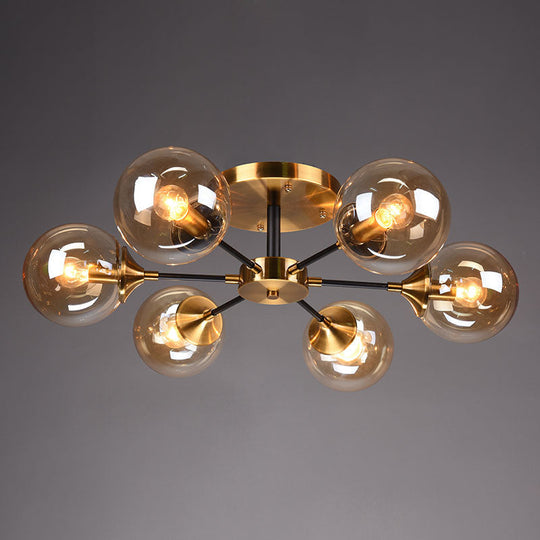 Postmodern Brass Flush Mount Light with Burst Design and Glass Ball for Living Room