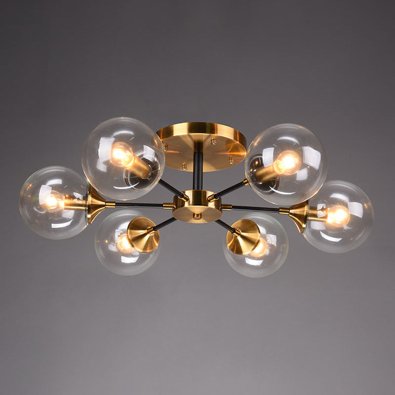 Postmodern Brass Flush Mount Light With Burst Design And Glass Ball For Living Room 6 / Clear