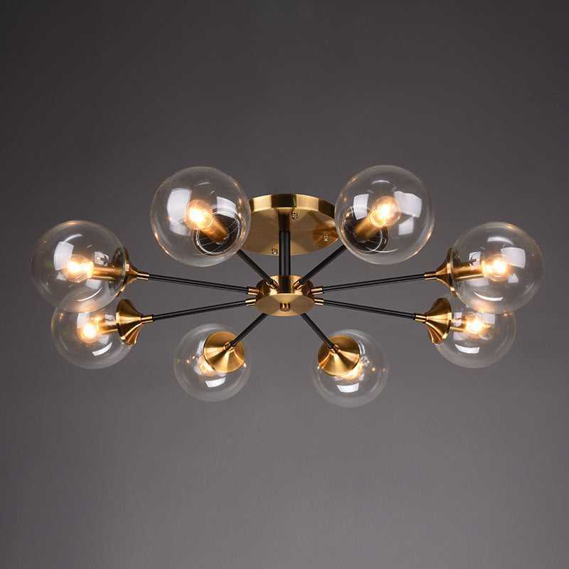 Postmodern Brass Flush Mount Light With Burst Design And Glass Ball For Living Room 8 / Clear