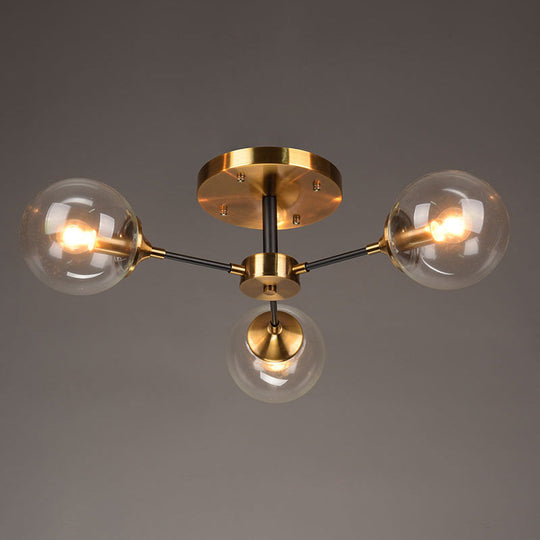 Postmodern Brass Flush Mount Light With Burst Design And Glass Ball For Living Room 3 / Clear