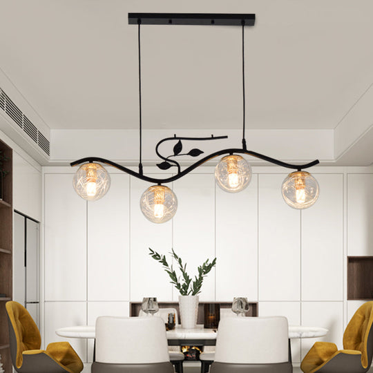 Minimalist Metal Wavy Island Pendant With 4-Light Black Hanging Lamp Ball Glass Shade And Bird Deco