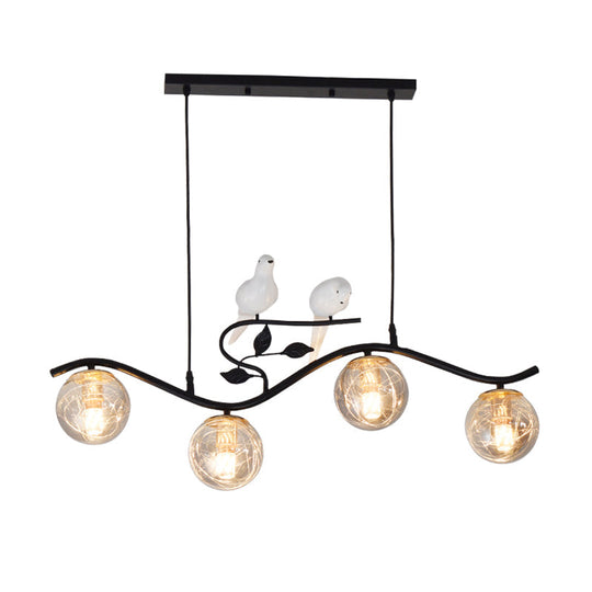 Minimalist Metal Wavy Island Pendant With 4-Light Black Hanging Lamp Ball Glass Shade And Bird Deco