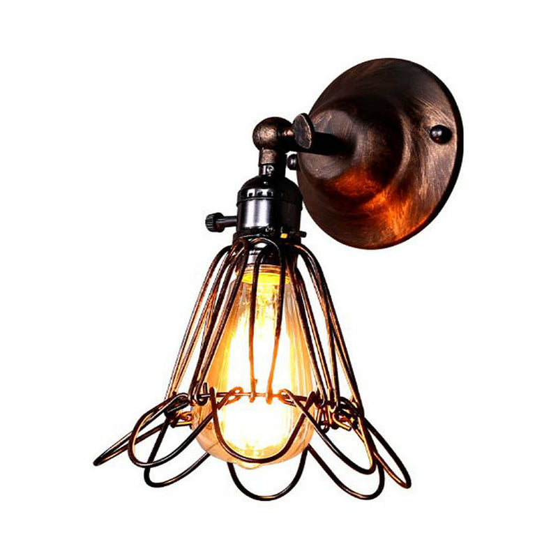 Industrial Iron Cage Rotatable Bronze Sconce Lamp - Floral Wall Mount Light For Bar