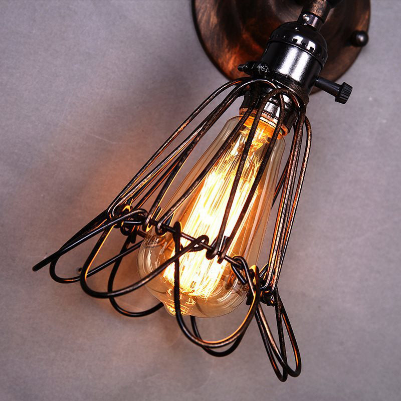 Industrial Iron Cage Rotatable Bronze Sconce Lamp - Floral Wall Mount Light For Bar