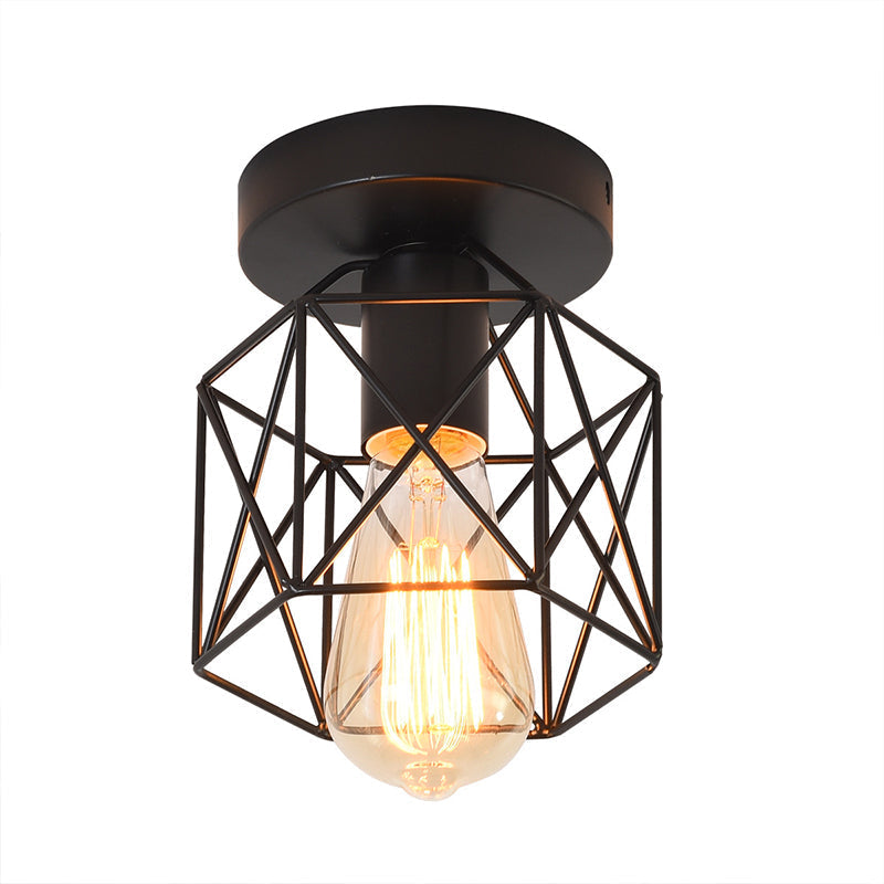 Industrial Iron Hexagonal Balcony Ceiling Light - Semi Flush Mount Fixture with 1-Bulb