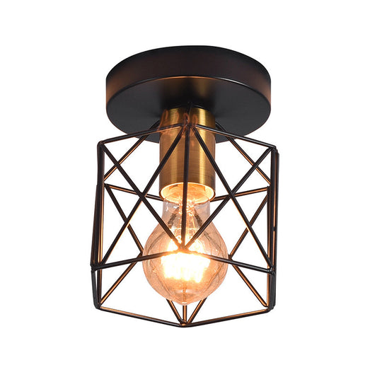 Industrial Iron Hexagonal Balcony Ceiling Light - Semi Flush Mount Fixture with 1-Bulb