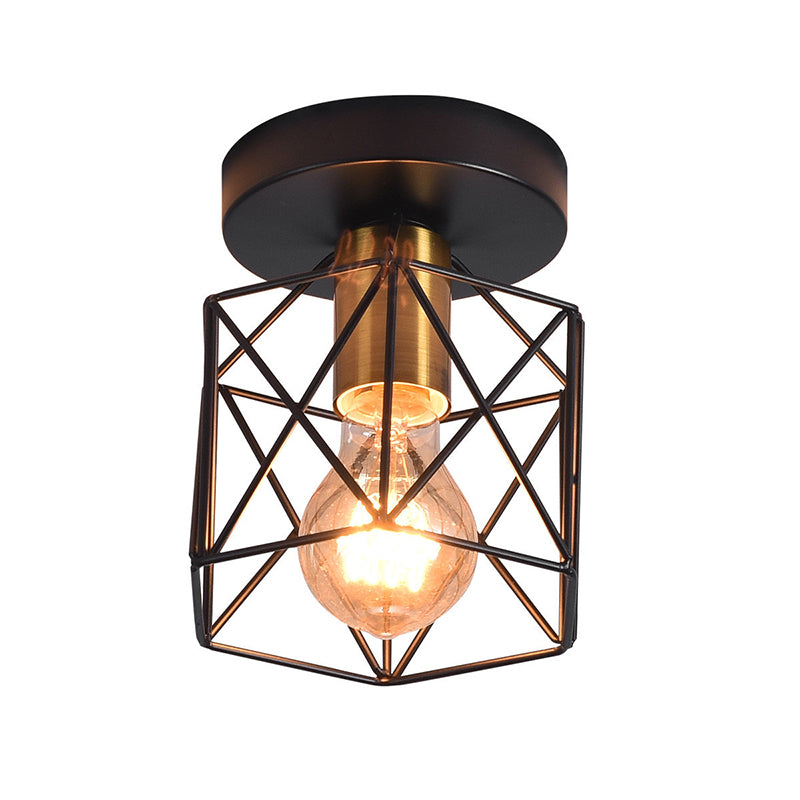 Industrial Iron Hexagonal Balcony Ceiling Light - Semi Flush Mount Fixture With 1-Bulb Gold