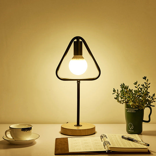 Geometric Frame Metal Table Lamp With Round Wooden Base - Stylish Industrial Bedside Night Light