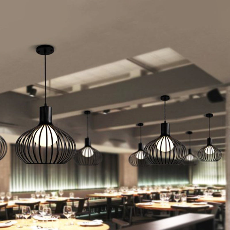 Sleek Iron Loft Pendant Light for Restaurants – Spherical Cage Design, Single-Bulb Ceiling Hanging Fixture