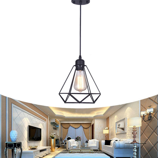 Retro Iron Black Diamond Cage Pendant Lamp - Bedroom Suspension Light Fixture