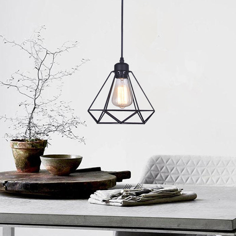 Black Diamond Cage Pendant Lamp - Retro Iron Bedroom Suspension Light