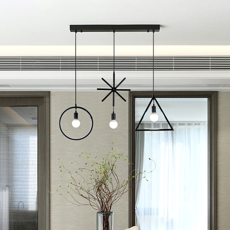 Vintage Iron Wire Frame Pendant with 3 Lights for Dining Room - Black Finish