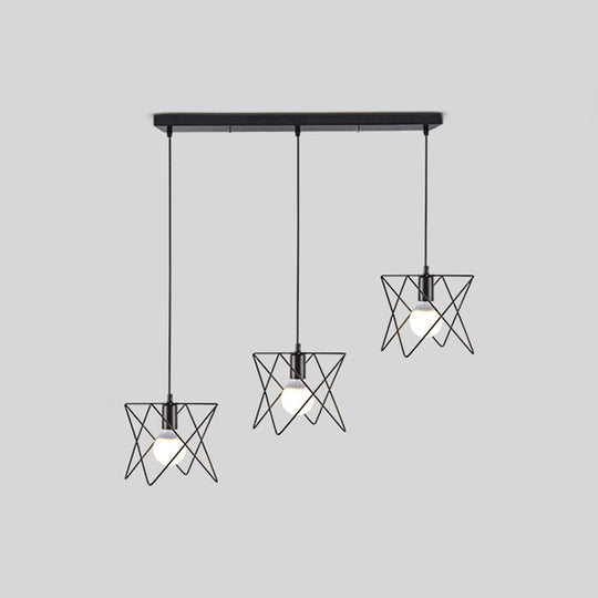 Vintage Iron Wire Frame 3-Light Pendant - Dining Room Suspension Light In Black / Linear