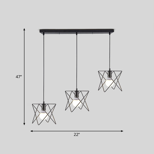 Vintage Iron Wire Frame 3-Light Pendant - Dining Room Suspension Light In Black