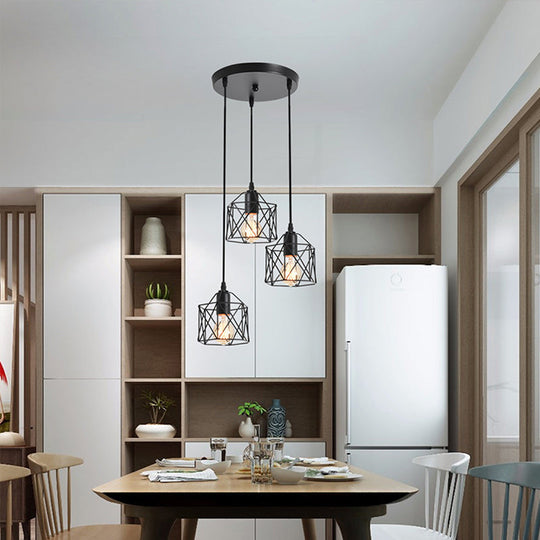 Hexagonal Cage Pendant Light with 3 Metal Shades - Perfect for Dining Room Ceiling