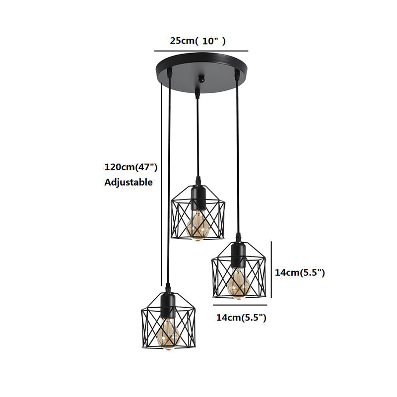 Hexagonal Cage Pendant Light With 3 Cluster Heads - Perfect For Dining Room Décor Black