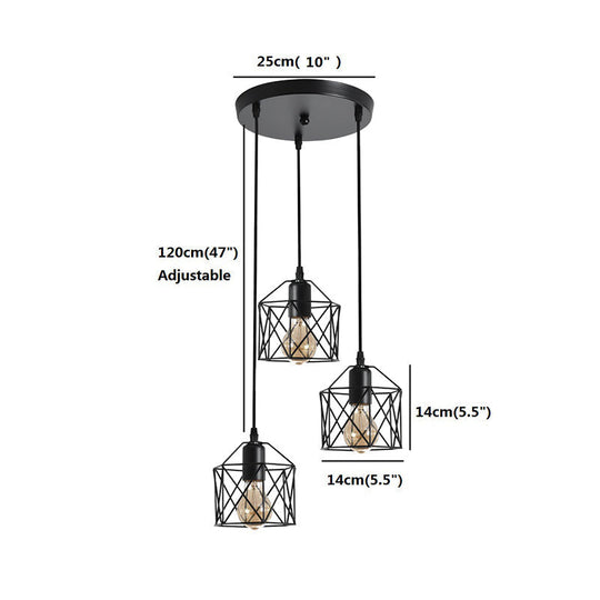 Hexagonal Cage Pendant Light With 3 Cluster Heads - Perfect For Dining Room Décor Black