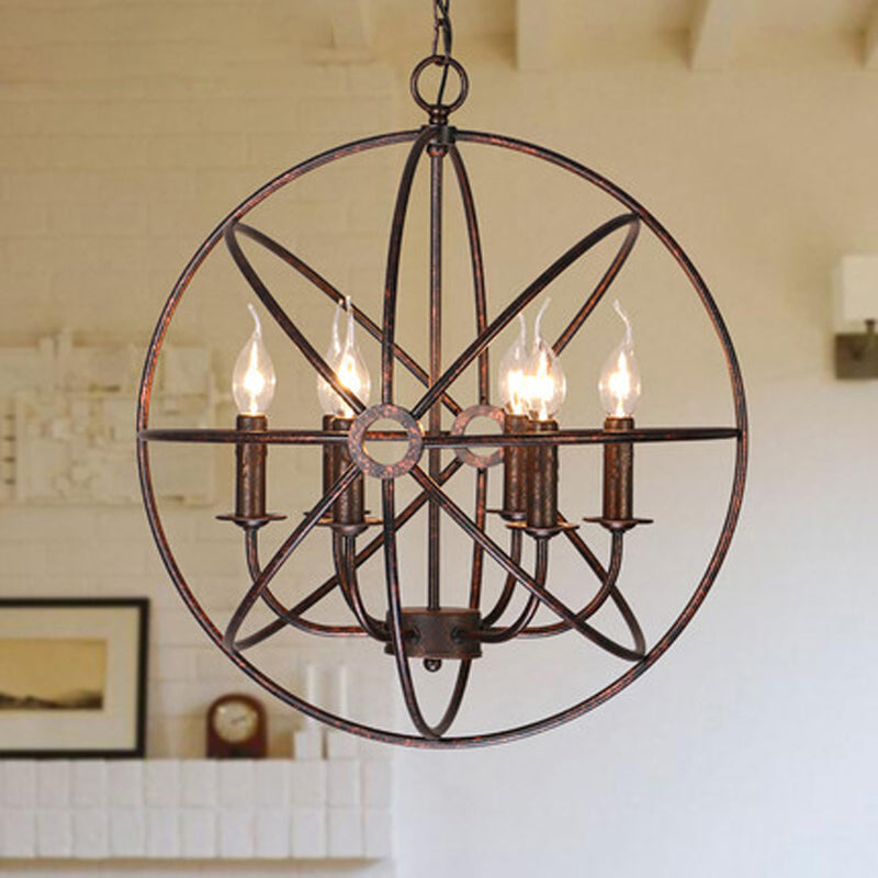 Wrought Iron Chandelier With 6 Orbit Globe Bulbs - Industrial Pendant Light Fixture For Restaurants