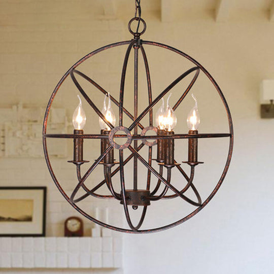 Wrought Iron Chandelier With 6 Orbit Globe Bulbs - Industrial Pendant Light Fixture For Restaurants