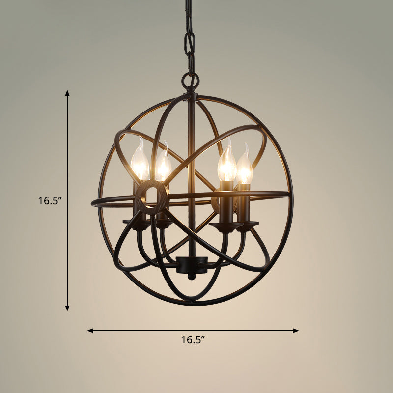 Wrought Iron Chandelier With 6 Orbit Globe Bulbs - Industrial Pendant Light Fixture For Restaurants