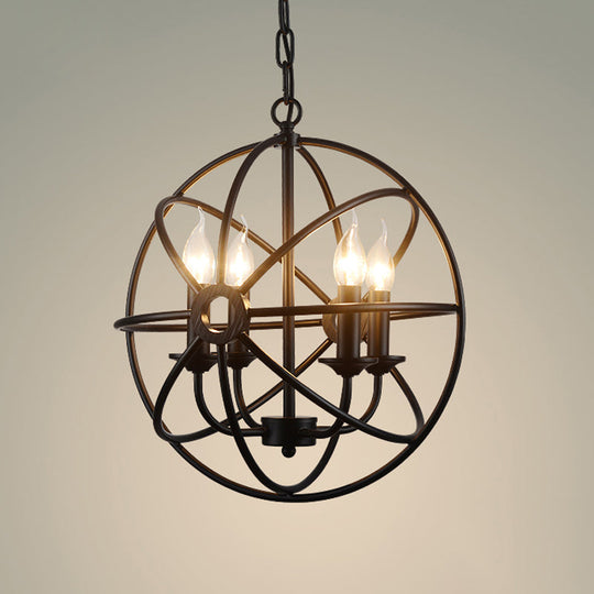 Wrought Iron Chandelier With 6 Orbit Globe Bulbs - Industrial Pendant Light Fixture For Restaurants