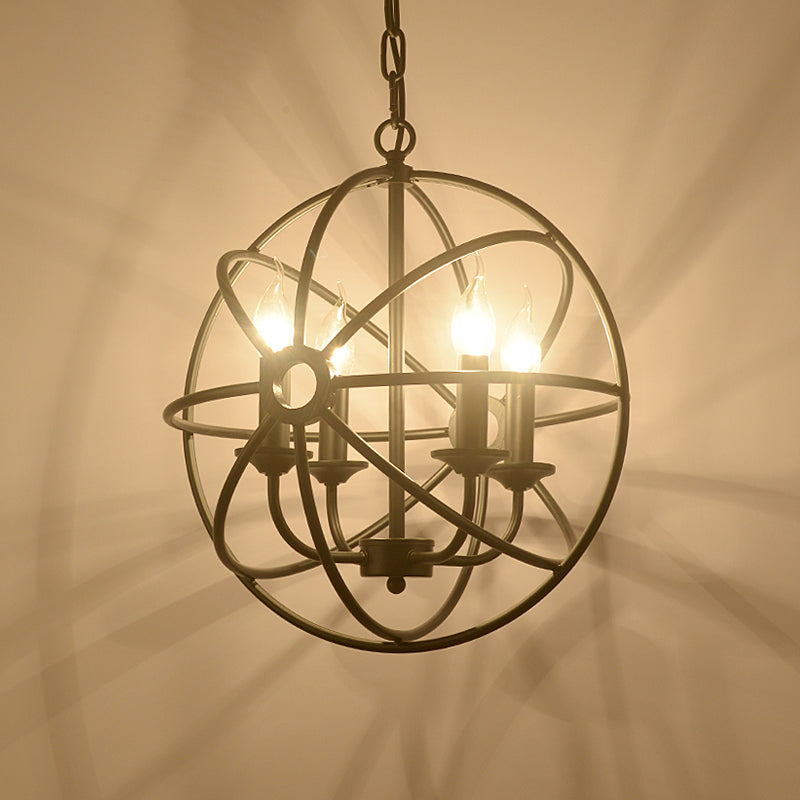 Wrought Iron Chandelier With 6 Orbit Globe Bulbs - Industrial Pendant Light Fixture For Restaurants