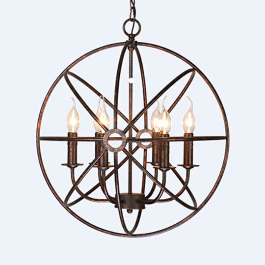 Wrought Iron Chandelier With 6 Orbit Globe Bulbs - Industrial Pendant Light Fixture For Restaurants