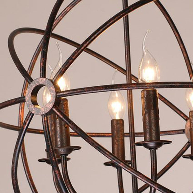 Wrought Iron Chandelier With 6 Orbit Globe Bulbs - Industrial Pendant Light Fixture For Restaurants