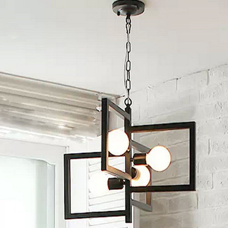 Industrial Square Pendant Metal Chandelier Light - 4-Light Modern Design For Restaurants Black