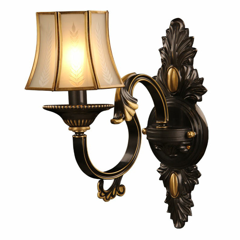 Antique Frost Glass Gold & Black Wall Lamp - Single-Bulb Flared Lighting For Aisle Gold-Black