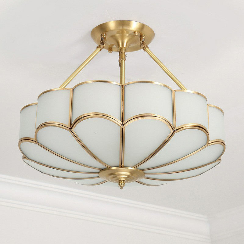 Minimalist Brass Pendant Chandelier With Cream Glass Flowers - Bedroom Suspension Light