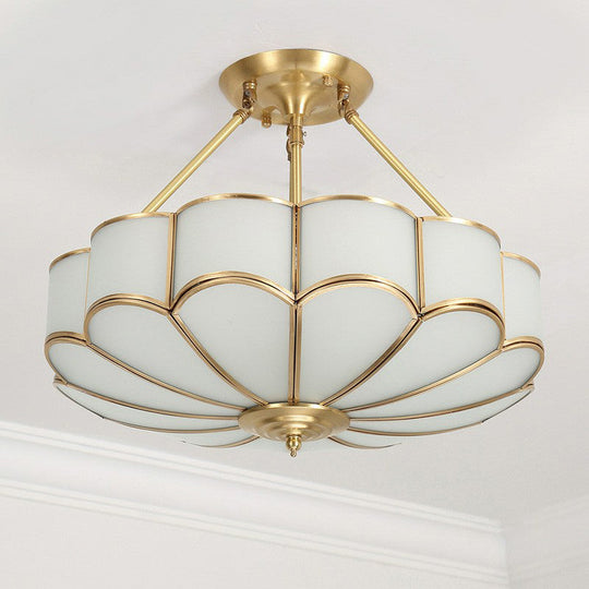 Minimalist Brass Pendant Chandelier With Cream Glass Flowers - Bedroom Suspension Light