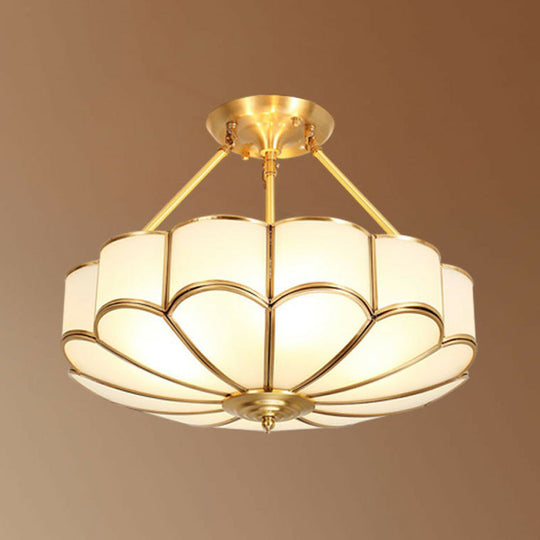 Minimalist Brass Pendant Chandelier With Cream Glass Flowers - Bedroom Suspension Light