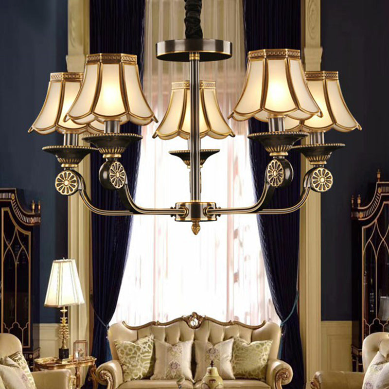 Traditional Gold & Black Flared Chandelier With Frosted Glass For Bedroom Suspension Light