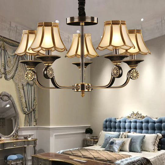 Traditional Gold & Black Flared Chandelier With Frosted Glass For Bedroom Suspension Light