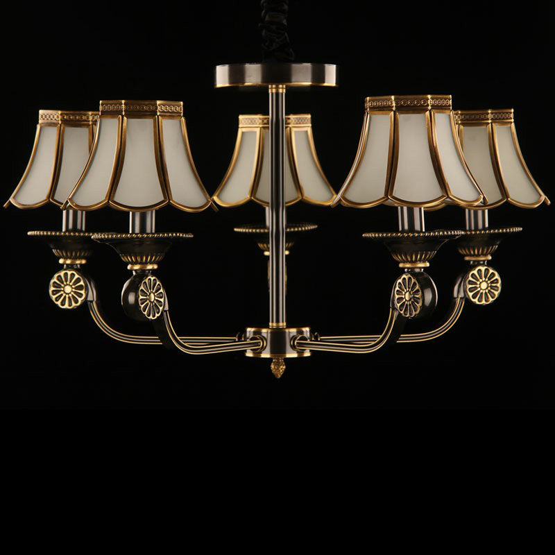 Traditional Gold & Black Flared Chandelier With Frosted Glass For Bedroom Suspension Light