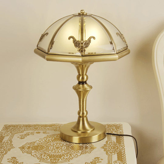 Colonial Style Brass Cap Shaped Frosted Glass Table Lamp With 3 Bulbs - Perfect For Bedroom Night