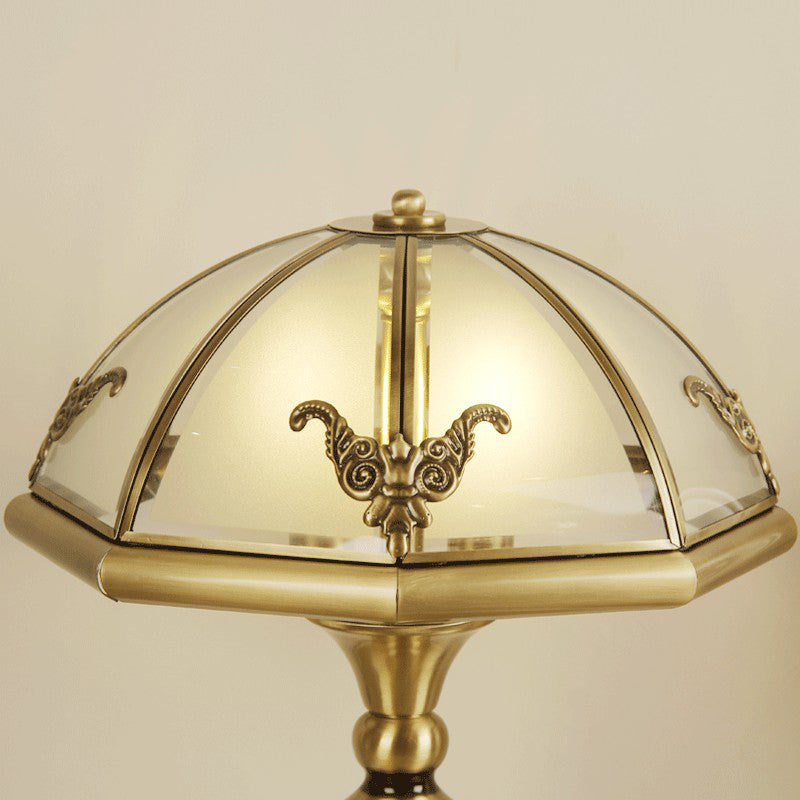 Colonial Style Brass Cap Shaped Frosted Glass Table Lamp With 3 Bulbs - Perfect For Bedroom Night