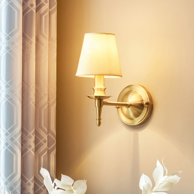 Modern Gold Bedroom Wall Sconce With Fabric Shade - Single-Bulb Light