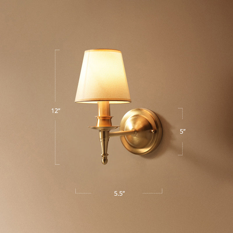 Modern Gold Bedroom Wall Sconce With Fabric Shade - Single-Bulb Light