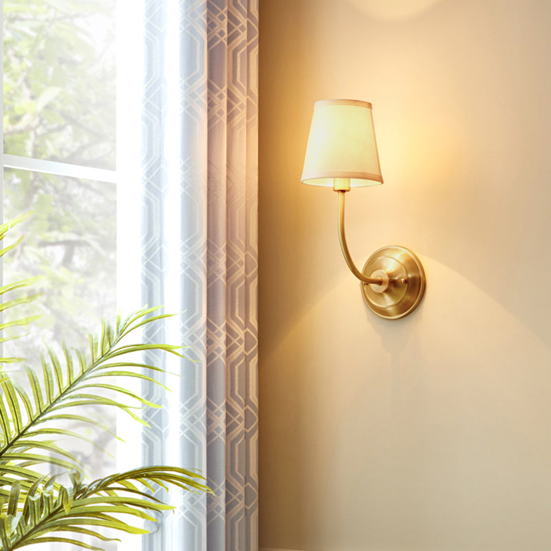 Simple Gold Conic Wall Lamp: 1-Light Foyer Lighting Fixture With Fabric Shade