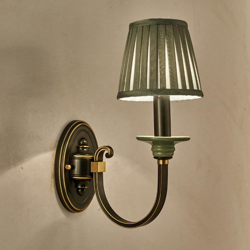 Contemporary Metal Arched Wall Light: 1 Head Black Sconce With Tapered Pleated Fabric Shade