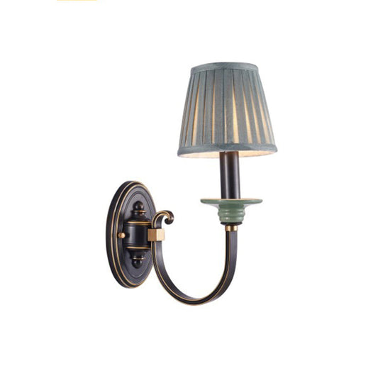 Contemporary Metal Arched Wall Light: 1 Head Black Sconce With Tapered Pleated Fabric Shade