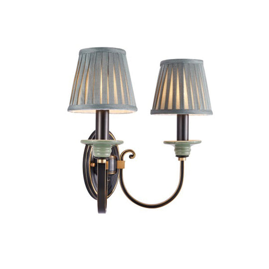 Contemporary Metal Arched Wall Light: 1 Head Black Sconce With Tapered Pleated Fabric Shade