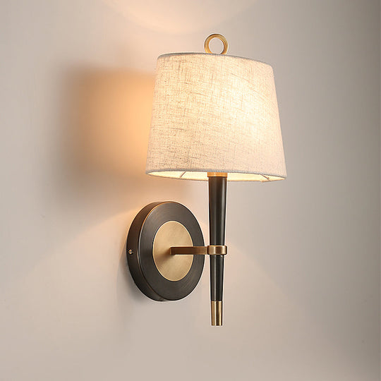 Minimalist Black-Brass Wall Sconce Light: Fabric Taper Lamp For Corridor